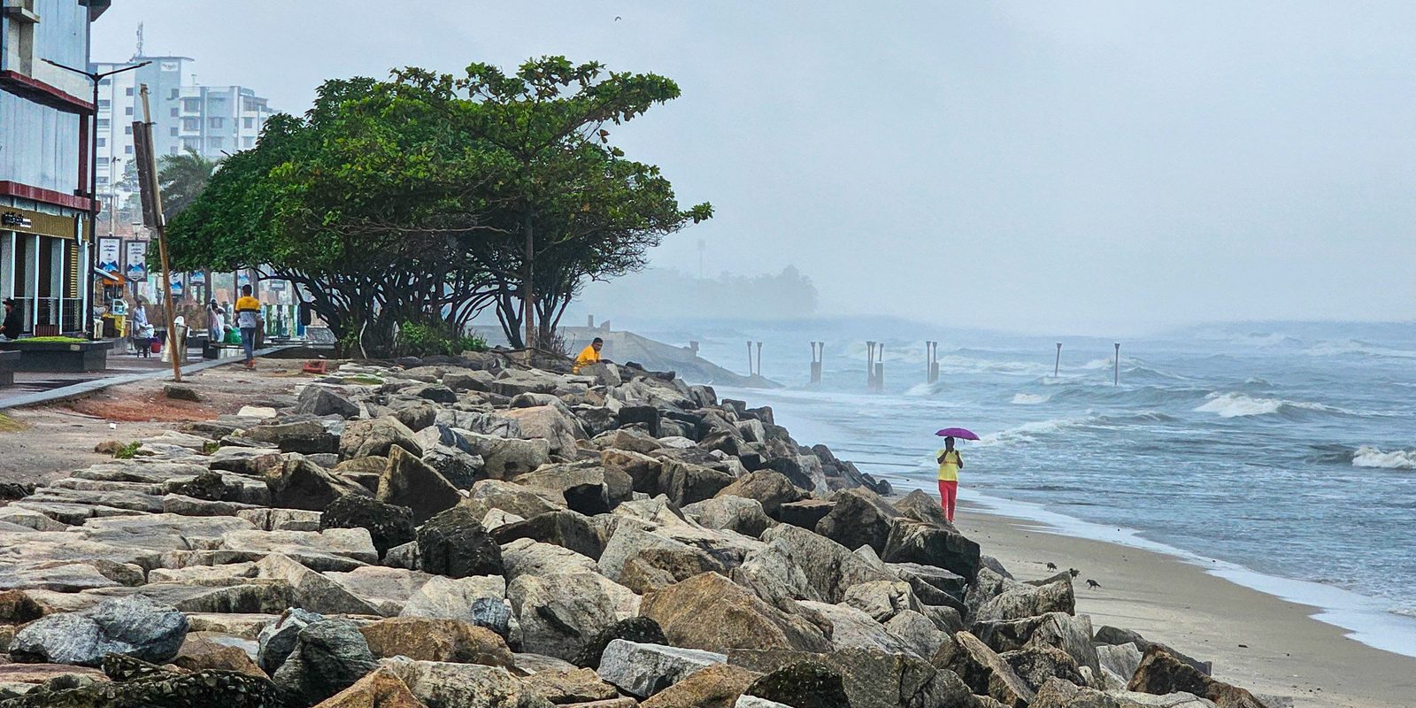 Kozhikode beach seafront and rock breakwater in Calicut, Kerala
