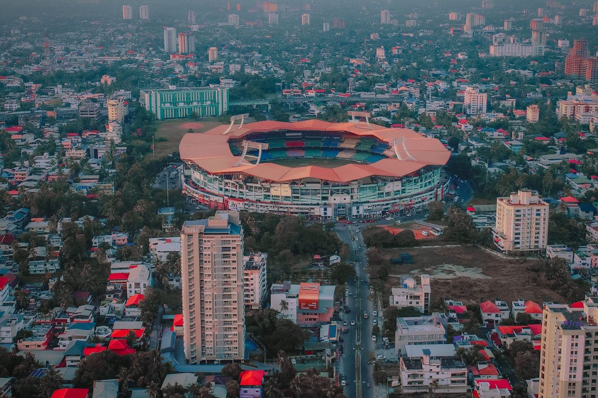 Aerial view of the Jawaharlal Nehru Stadium at Kaloor, Kochi, at dusk