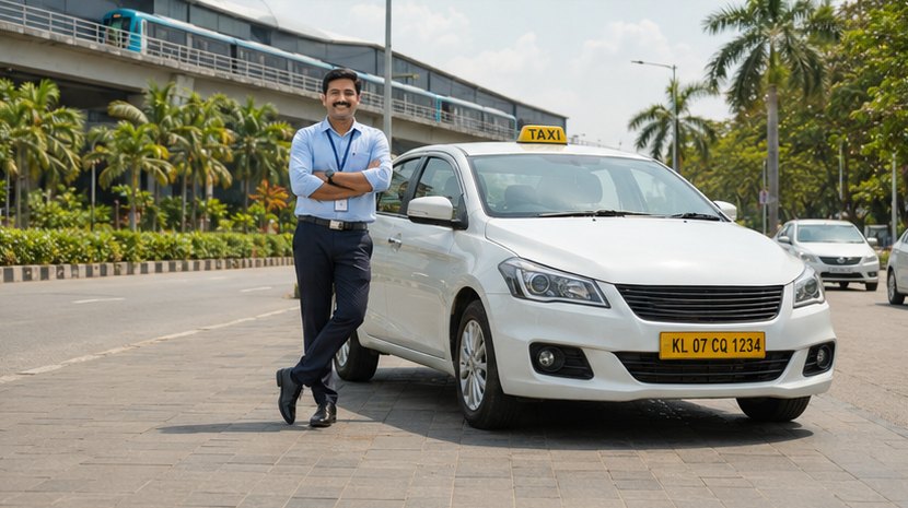 Uniformed chauffeur beside a white sedan taxi on a city road in Kochi