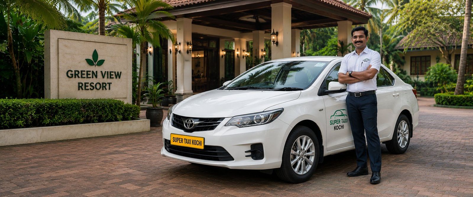 Chauffeur-driven taxi at a Kerala resort entrance