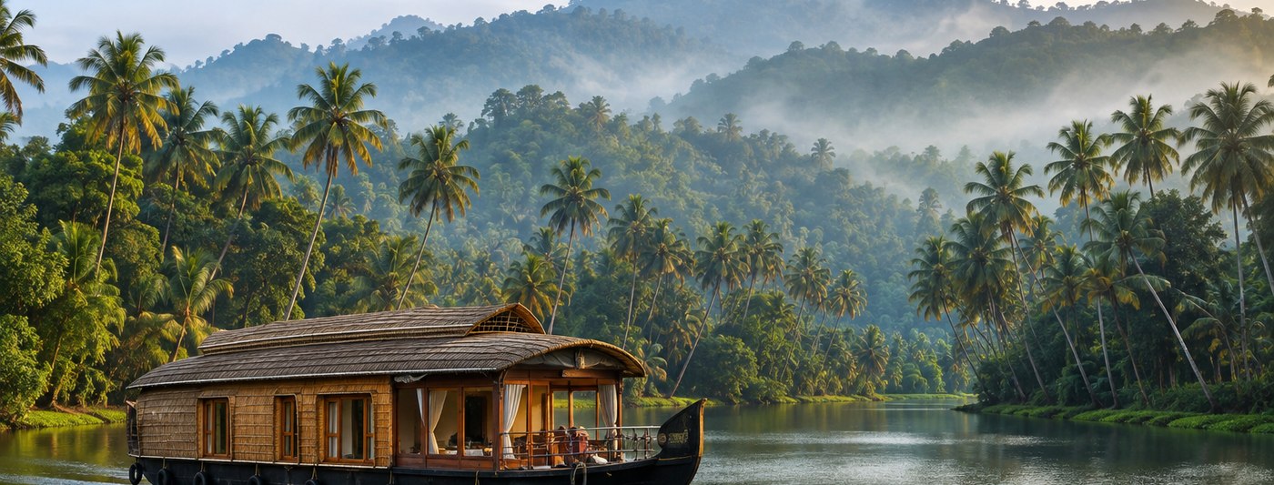 Kerala houseboat cruising palm-lined backwaters