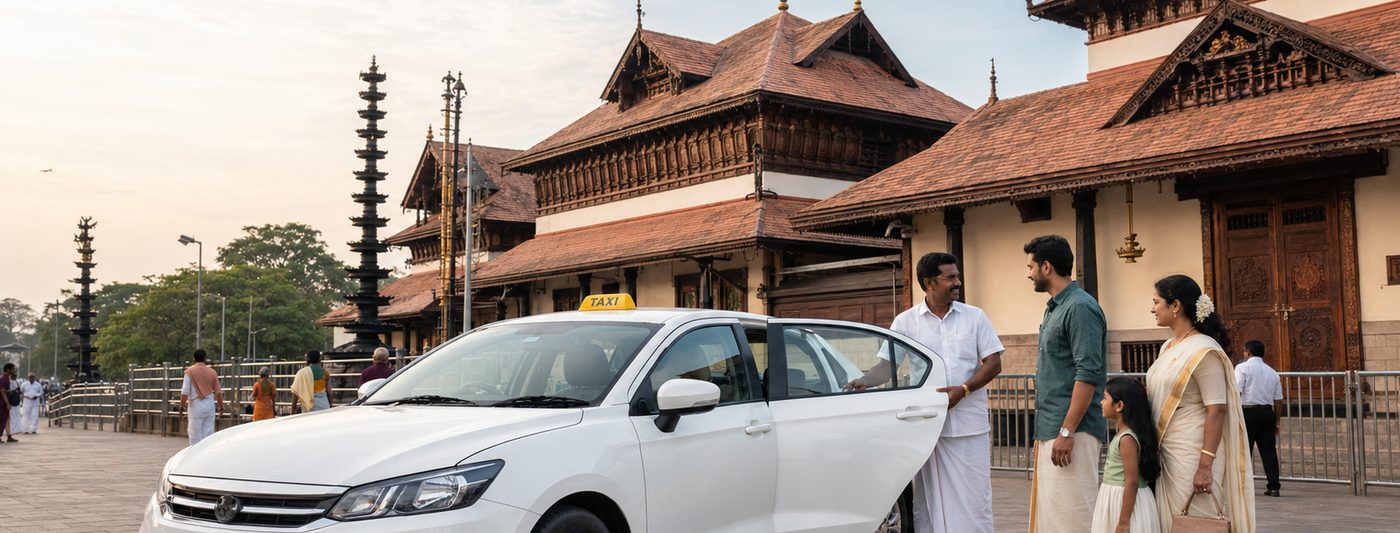 Chauffeur welcoming a family into a taxi outside a traditional Kerala temple