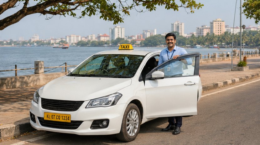 Chauffeur holding open the door of a white sedan taxi on the Kochi waterfront