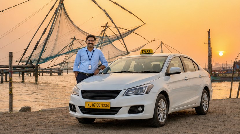 Chauffeur beside a white sedan taxi at Fort Kochi, with the Chinese fishing nets at sunset