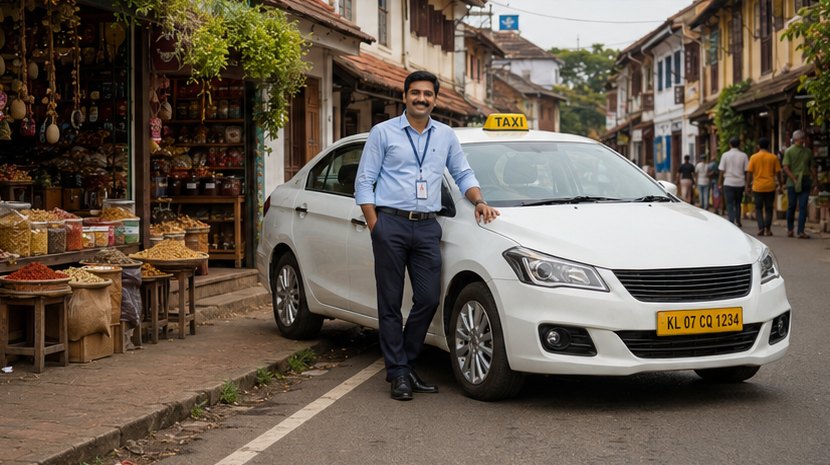 White sedan taxi parked on a spice-market street in Mattancherry, Kochi