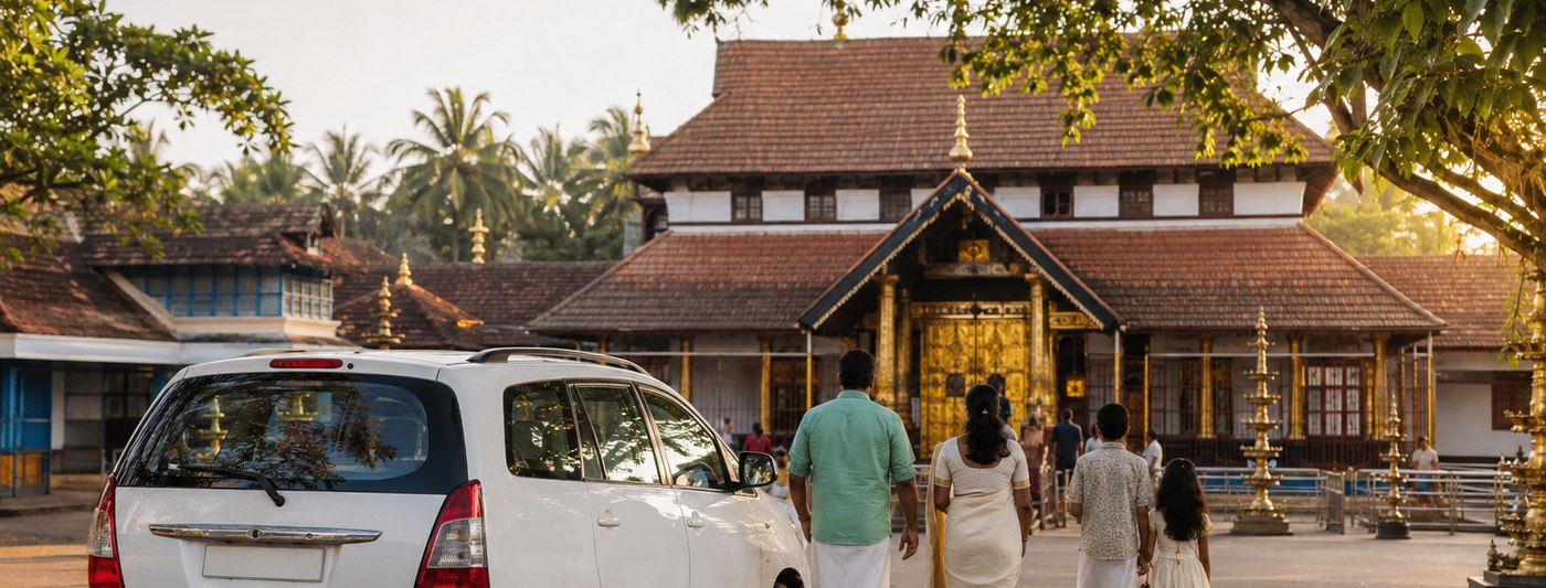 Family arriving by taxi at a Kerala temple on the Kochi to Chottanikkara route