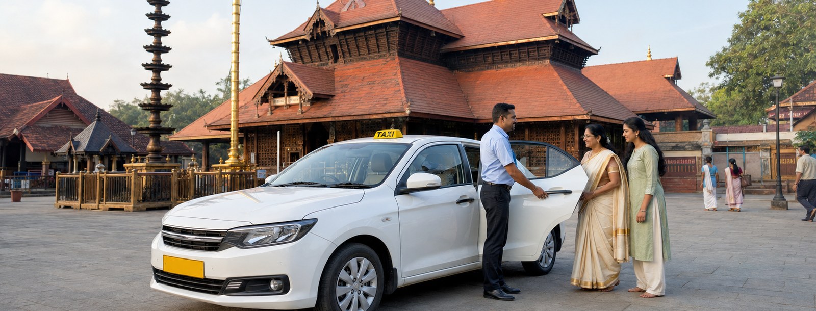 Traditional Kerala temple architecture with pilgrims arriving