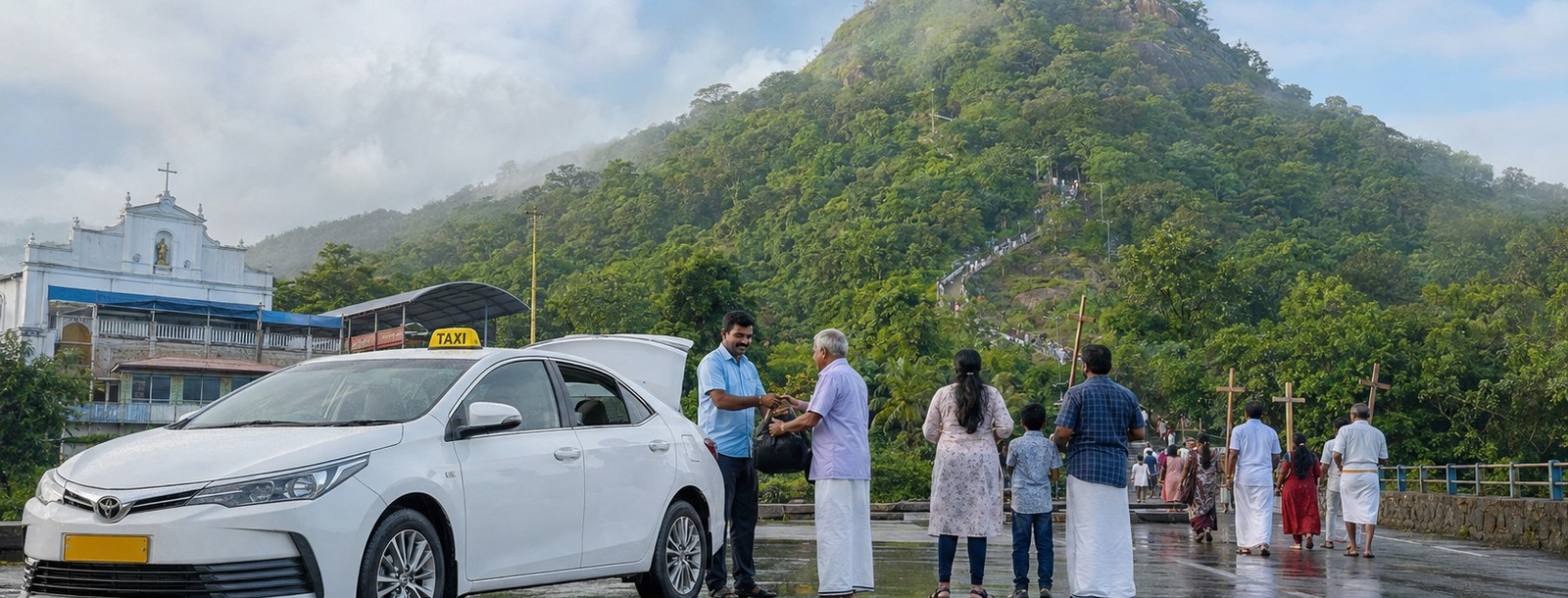 Taxi at Malayattoor with pilgrims carrying wooden crosses towards Kurisumudi hill