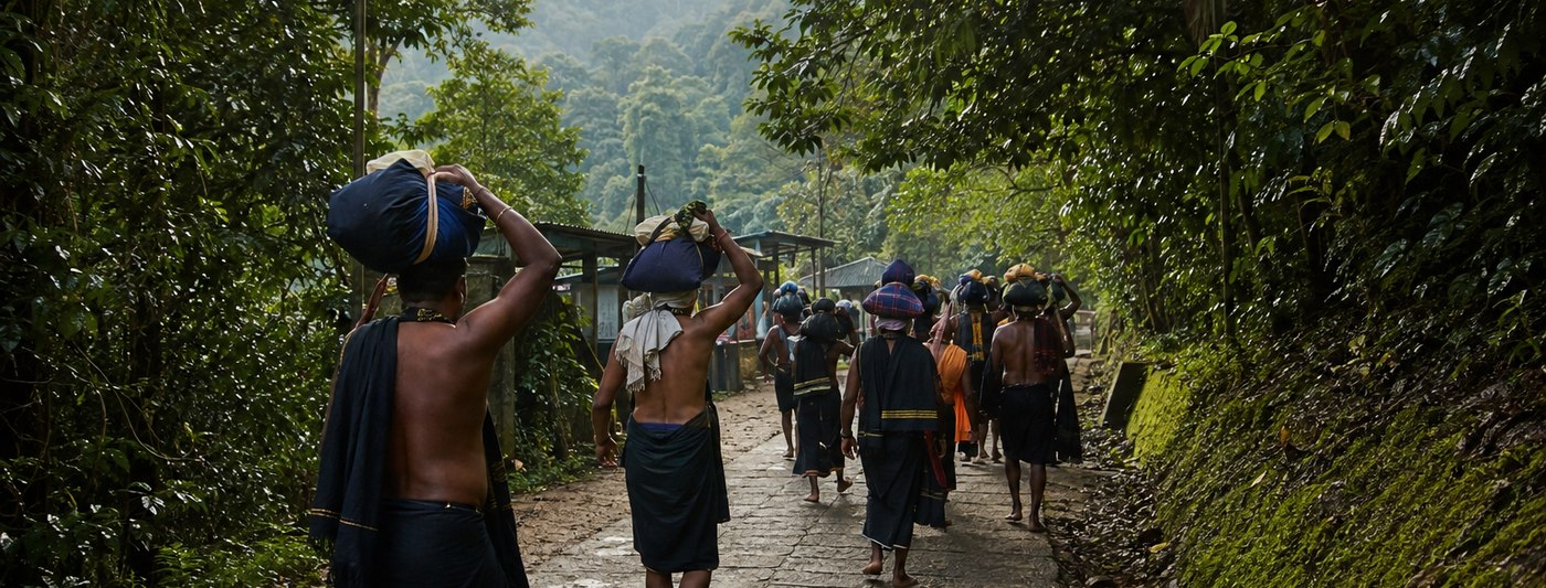 Ayyappa pilgrims in black carrying irumudi bundles on the forest path to Sabarimala