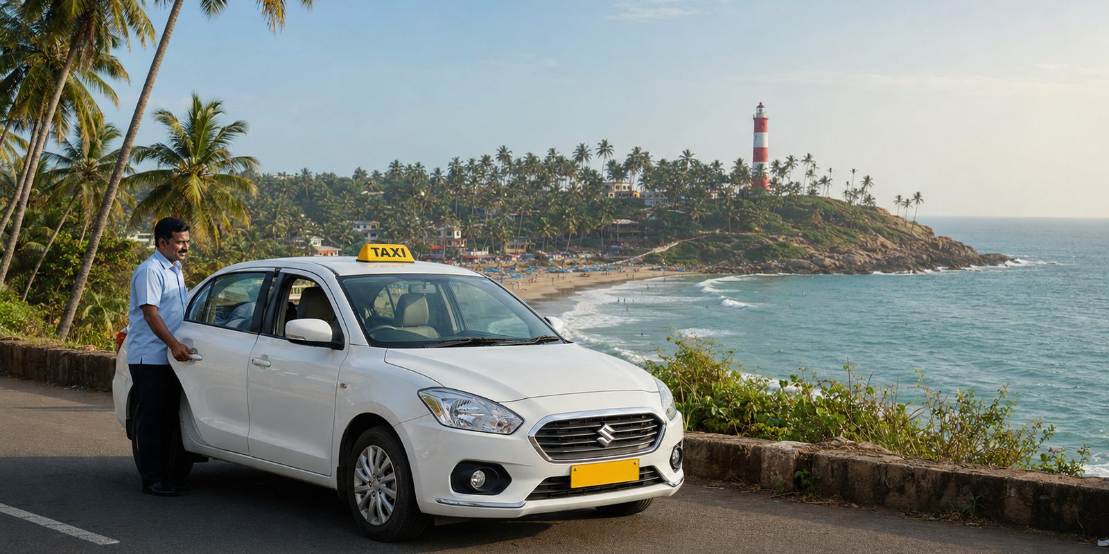 White sedan taxi on the coast road at Kovalam, with the lighthouse and beach behind