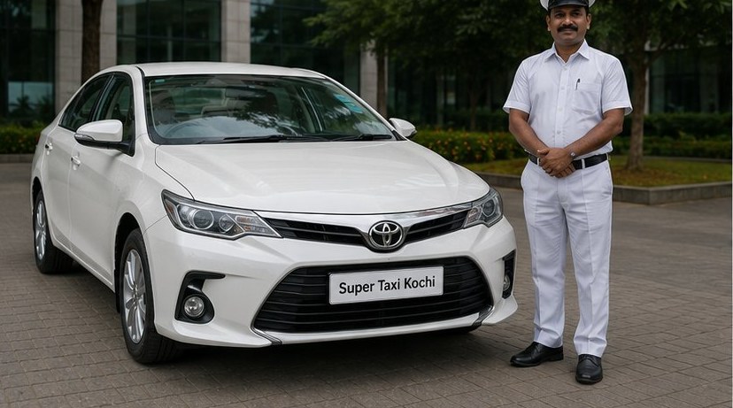 Professional uniformed Super Taxi Kochi driver beside the cab
