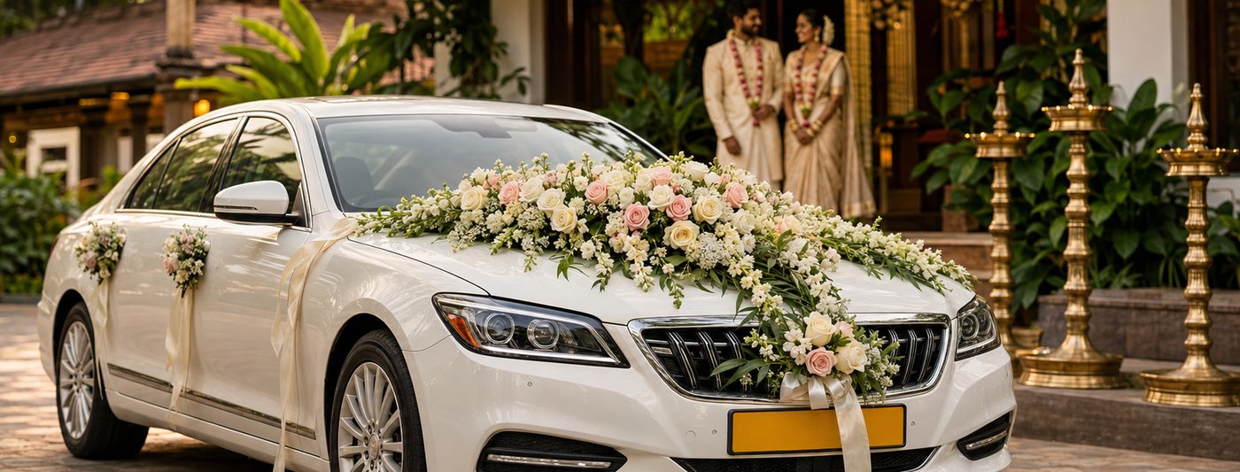 White wedding car decorated with roses and ribbon outside a Kerala venue